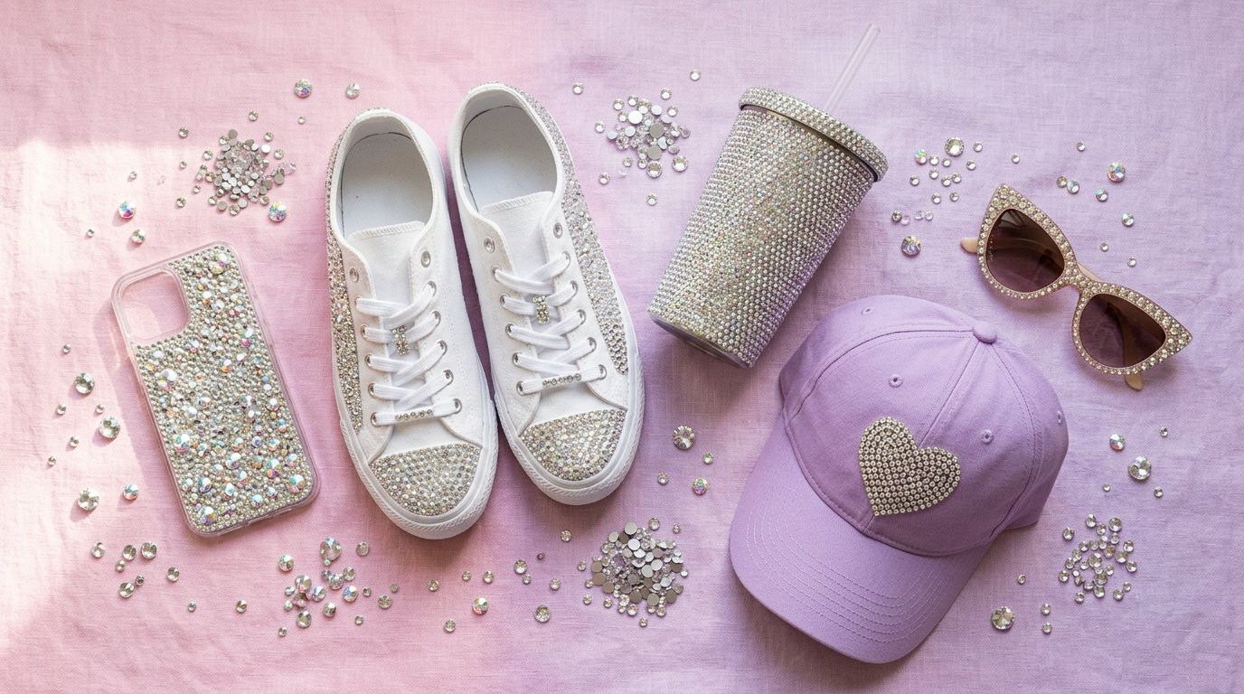 Flat-lay of bedazzle ideas including a rhinestone phone case, sneakers, tumbler, cap and sunglasses