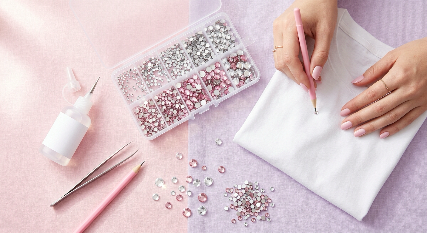 Flat-lay of bedazzling supplies: rhinestone tray, craft glue, tweezers, wax pencil and a white t-shirt
